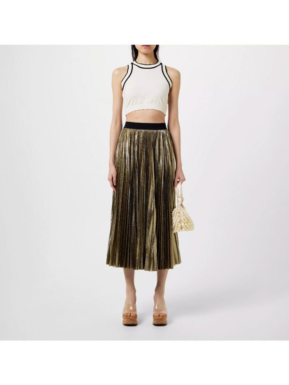 Max Mara Weekend Nurra Metallic Pleated Midi Skirt Gold Pull On A-Line US Medium